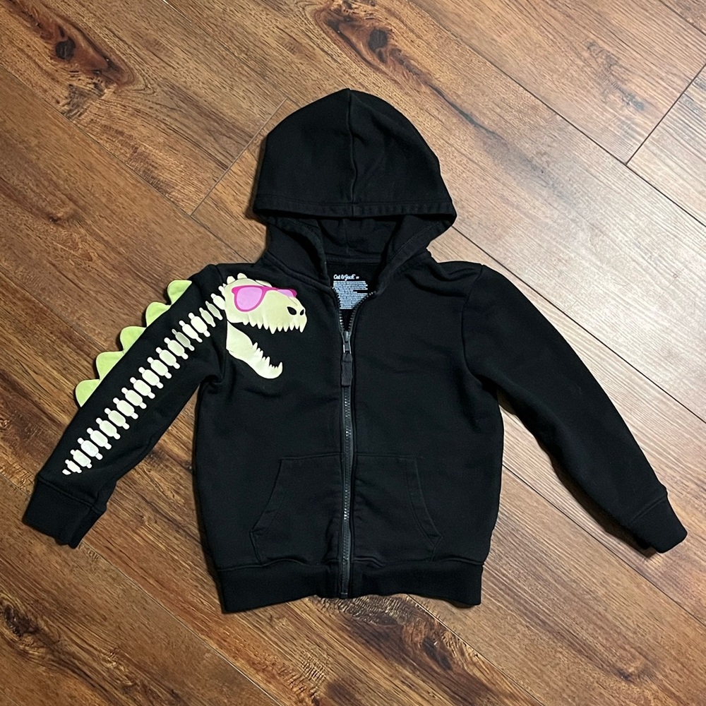 Kids 5T Cat & Jack Black Zip-Up Sweater With Dinosaur In Sunglasses